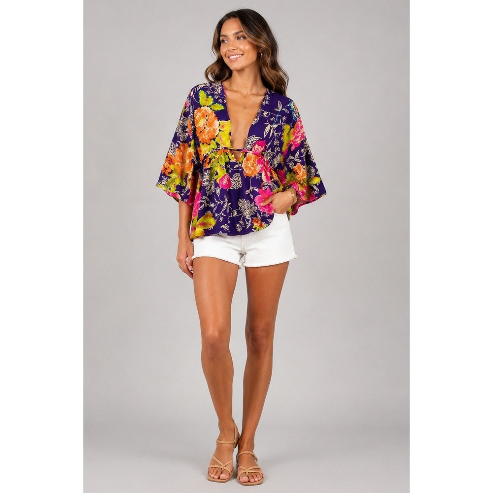 Jendi Popover Top Womens Small Medium Purple Floral Cotton Lightweight Boho